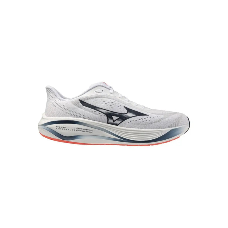 Baskets Mizuno pour homme, modèle Neo Cosmos blanc, chaussure de running avec Swoosh noir et semelle orange vif, design athlétique