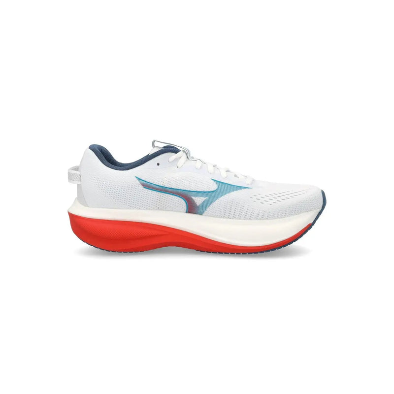 Baskets Mizuno pour homme, chaussures de running blanches avec semelle intermédiaire rouge vif et bandes décoratives turquoise pour une utilisation sportive