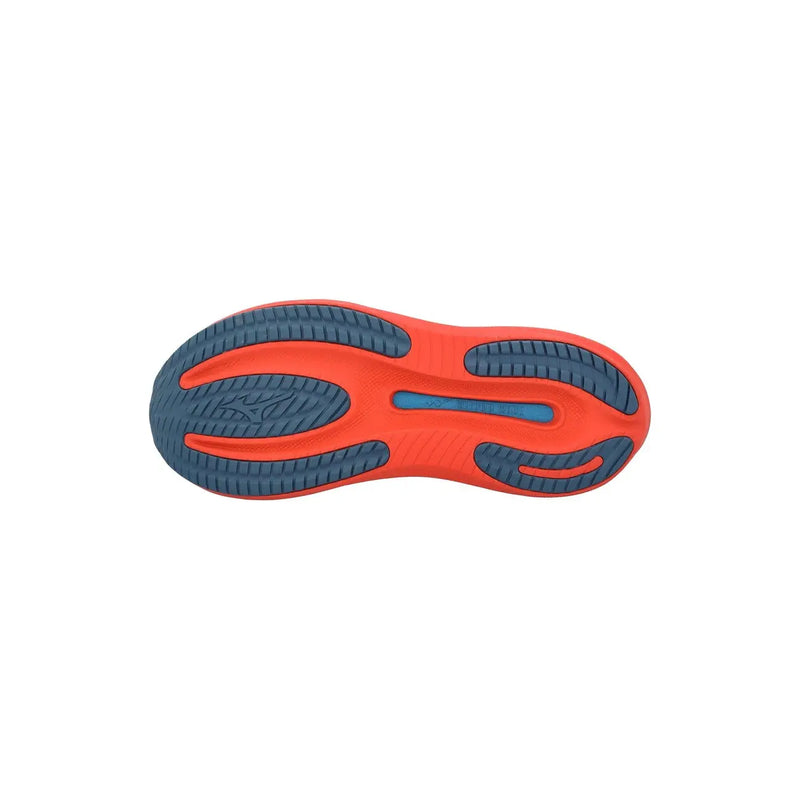 Semelle en caoutchouc orange vif et bleu marine des baskets Mizuno pour hommes, chaussures de sport bleu clair au design moderne et élégant