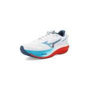 Baskets Mizuno pour homme, modèle Wave Prophecy 28, blanches et légères, avec tige en mesh respirant et semelle sportive bleue et rouge.