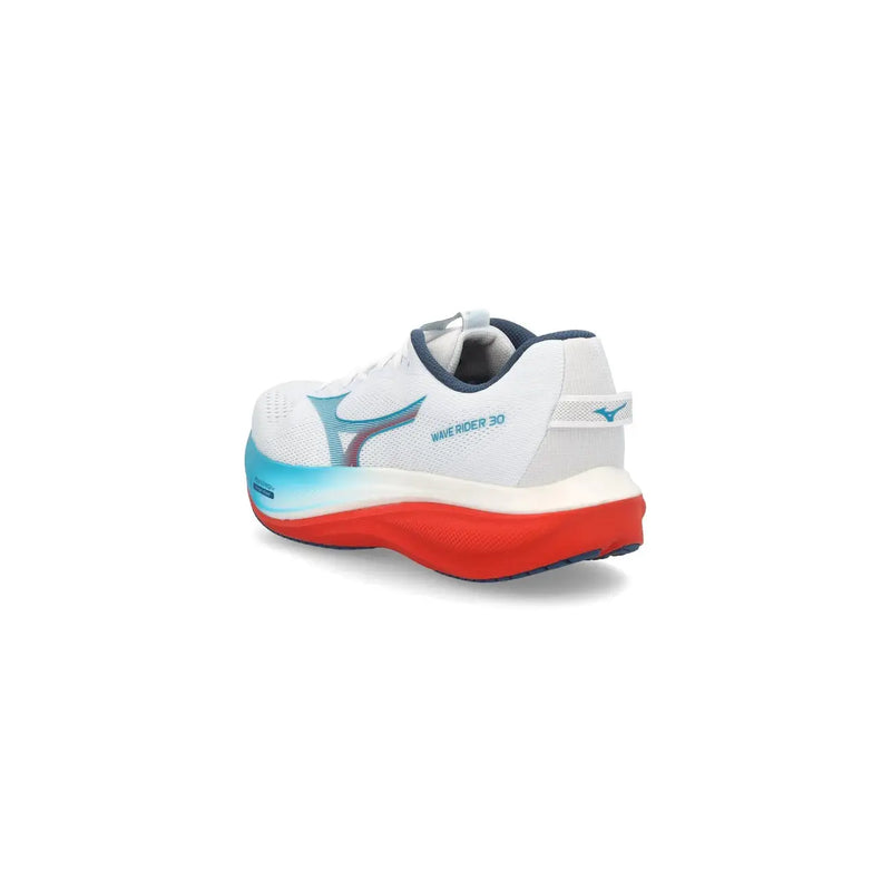 Chaussure de running Mizuno Wave Rider 30 blanche avec semelle dégradée rouge et bleue éclatante pour homme sportif, design bleu clair