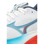 Chaussure de running Mizuno Wave Rider 30 blanche avec des accents turquoise et rouges, dotée d'une tige en mesh respirant pour homme
