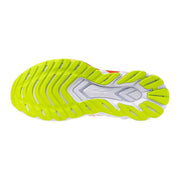 Arrière des baskets Mizuno pour hommes, chaussures de sport blanches à lacets avec semelle extérieure en caoutchouc vert fluo et logo gris