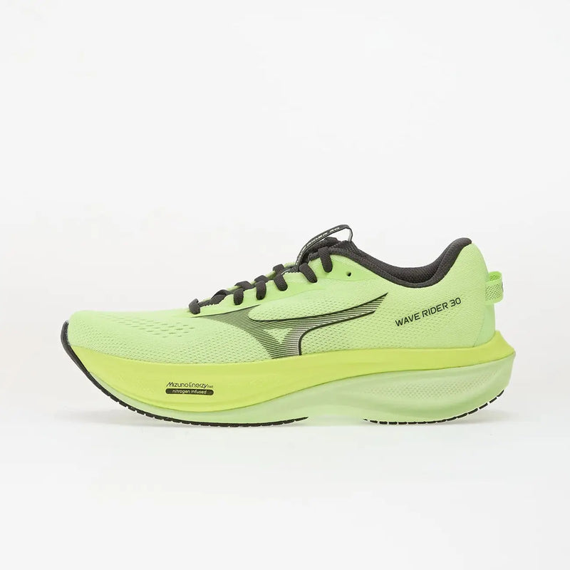 Baskets Mizuno pour homme, modèle Wave Rider 30 vert citron, avec lacets noirs et tige en mesh respirant.