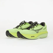 Chaussures de course pour homme Mizuno Wave Rider 30, vert citron vif, en tissu, avec lacets et détails noirs, pour une utilisation sportive.