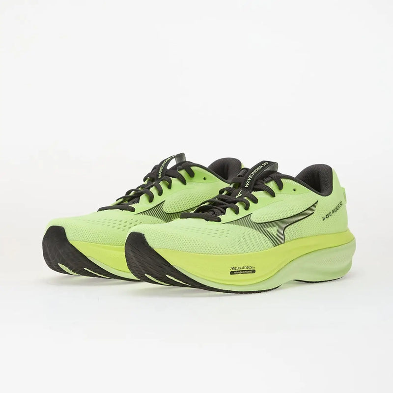 Chaussures de course pour homme Mizuno Wave Rider 30, vert citron vif, en tissu, avec lacets et détails noirs, pour une utilisation sportive.