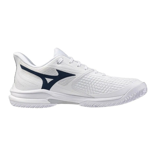 Baskets blanches Mizuno pour homme, chaussures de sport avec logo bleu marine et tige en tissu texturé pour une utilisation athlétique
