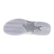 Chaussures de sport Mizuno pour hommes, blanches et grises, semelle en tissu avec un motif à chevrons résistant pour le tennis