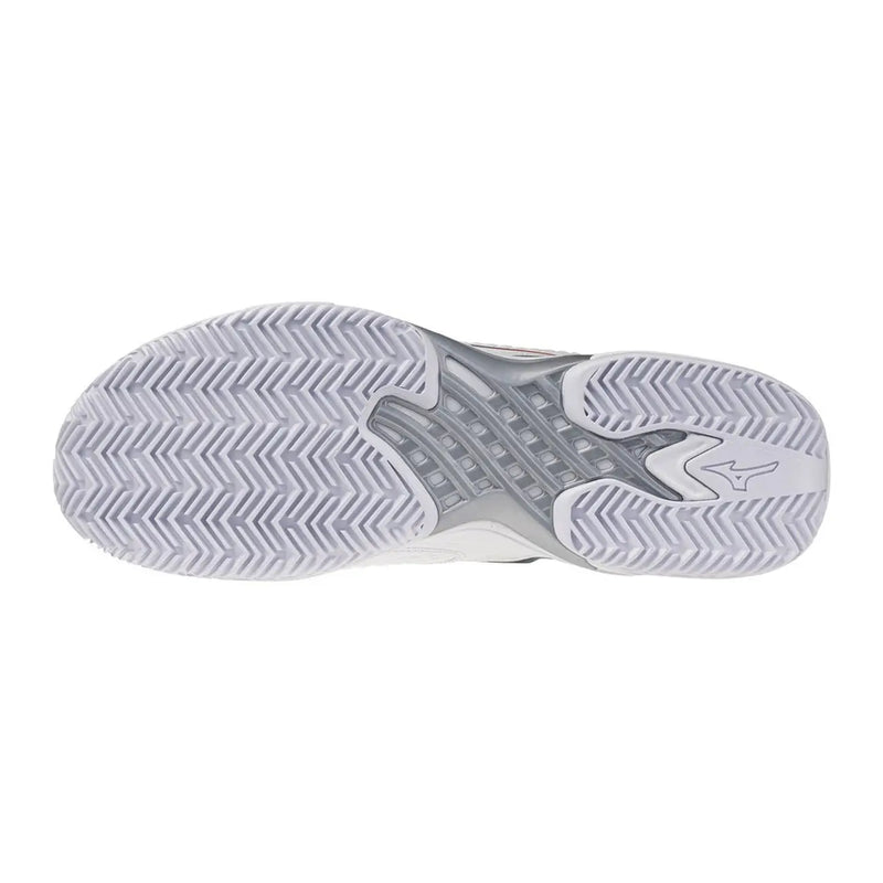 Chaussures de sport Mizuno pour hommes, blanches et grises, semelle en tissu avec un motif à chevrons résistant pour le tennis