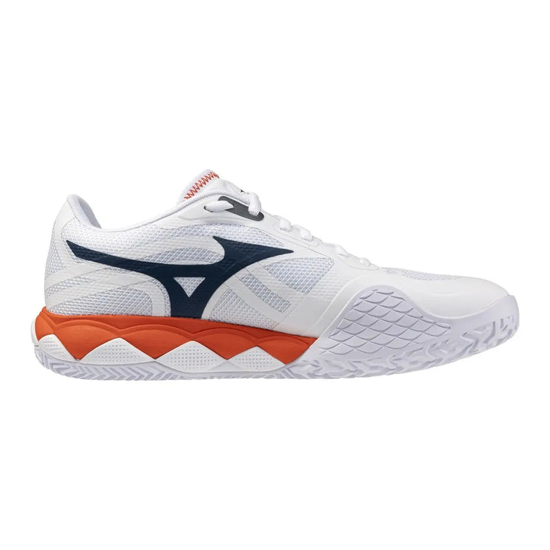 Baskets blanches Mizuno pour homme, chaussures de volley-ball sportives en tissu avec des accents bleu marine et orange pour une utilisation active