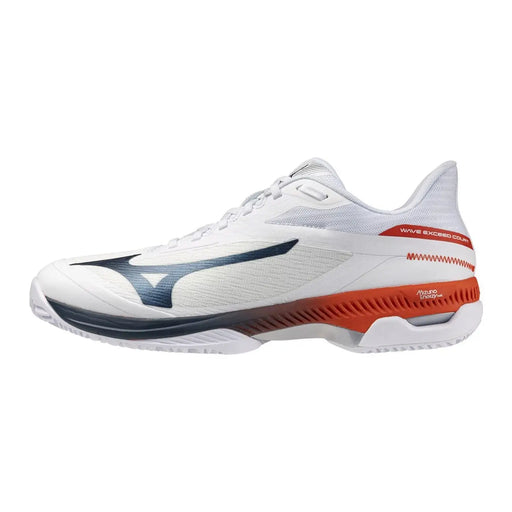 Baskets de tennis blanches pour homme Mizuno, en tissu mélangé avec des accents bleu marine et orange.