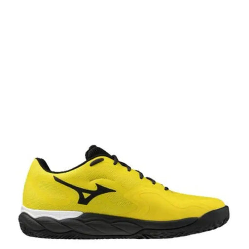 Yellow and black mizuno volleyball shoe with textured upper material.