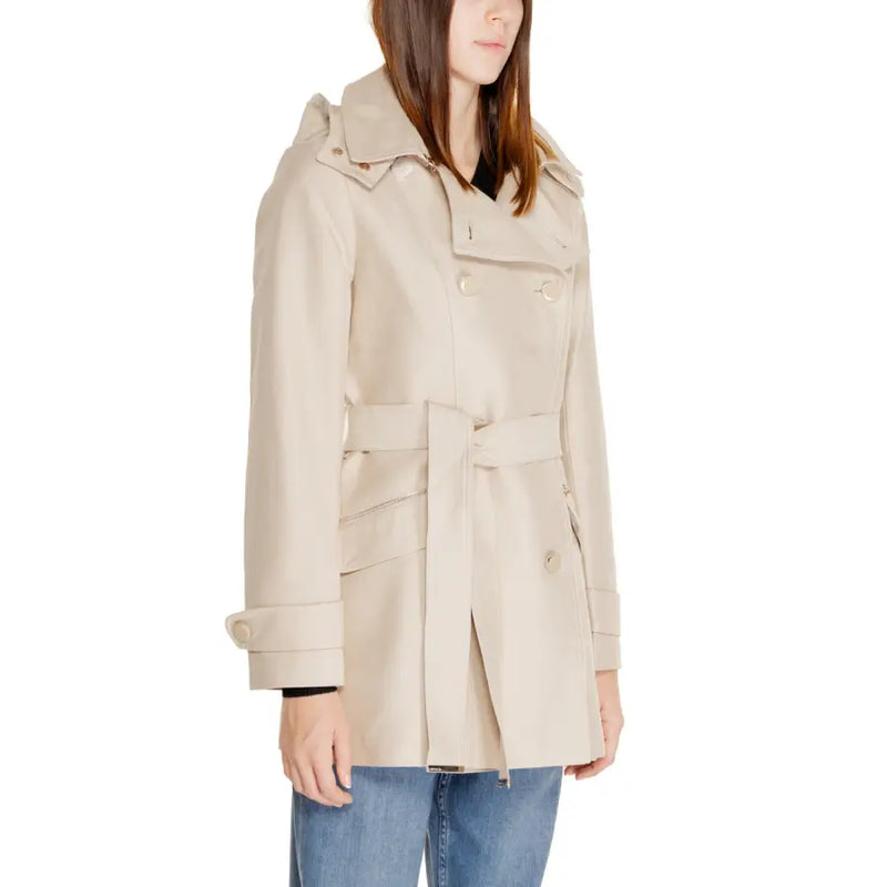 Morgan De Toi beige long blazer trench coat with belted waist double-breasted front hood and front pockets