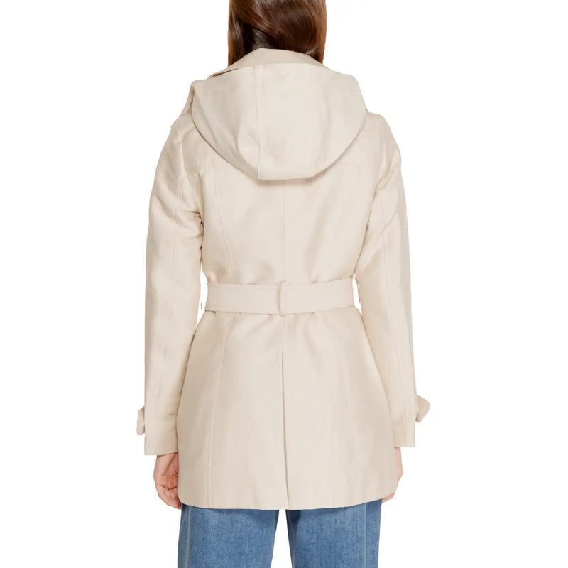 Morgan de toi beige long blazer styled as a hooded trench coat with matching belt and subtle seam detailing