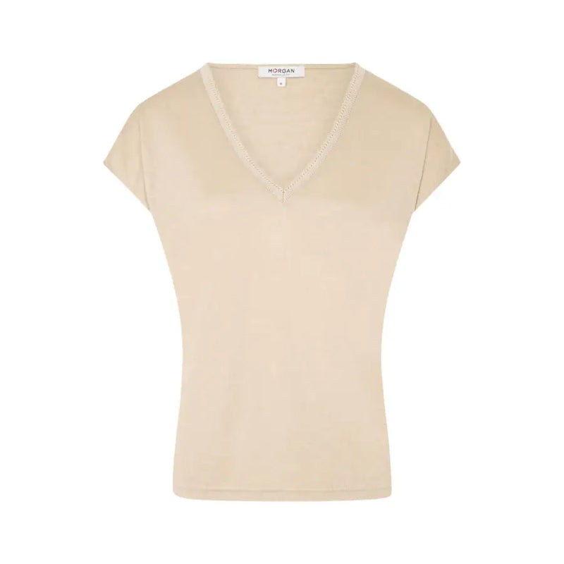 Morgan De Toi beige short sleeve v neck blouse with delicate lace trim along the neckline in soft fabric