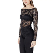 Morgan de toi black long sleeve boat neck blouse with off the shoulder neckline and floral lace design