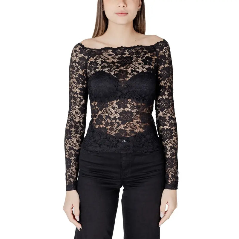 Morgan De Toi black floral lace long sleeve blouse with off the shoulder boat neck neckline in sheer fabric