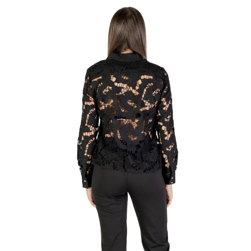 Morgan De Toi black lace long sleeve round neck blouse featuring intricate floral patterns and sheer fabric