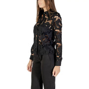 Morgan de toi black long sleeve blouse featuring intricate floral lace patterns and a button-down front design