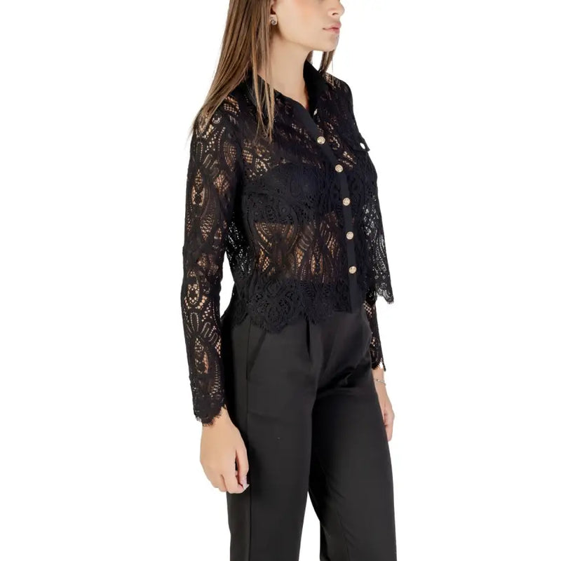 Black lace long-sleeve button-up blouse with scalloped hem from Morgan De Toi
