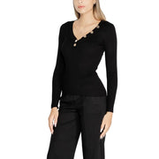 Morgan de toi black ribbed knit long sleeve top with v neck and decorative gold toned buttons