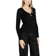 Morgan De Toi black ribbed knit long sleeve top with v neck and gold toned buttons down the front