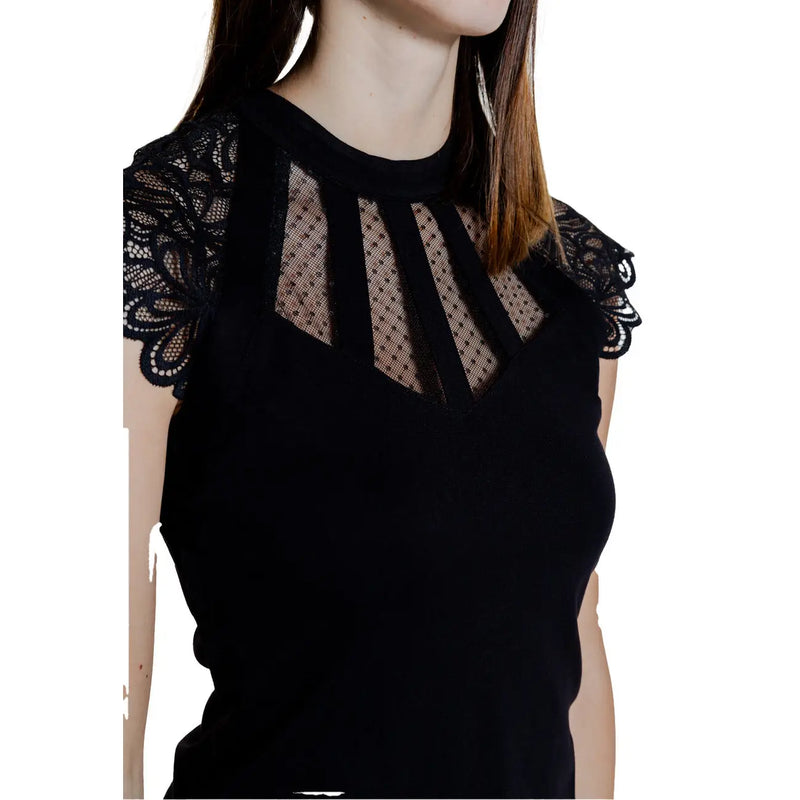 Morgan de toi black sleeveless turtleneck blouse with lace sleeves and sheer mesh panel across the chest for women