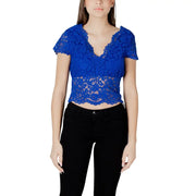 Vibrant royal blue lace crop top with flutter sleeves and scalloped hem
