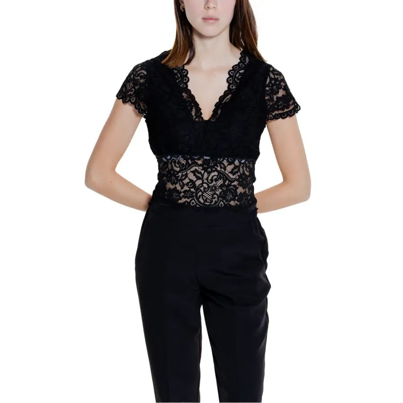 Morgan de toi black lace v neck short sleeve top with intricate floral patterns and elegant design details