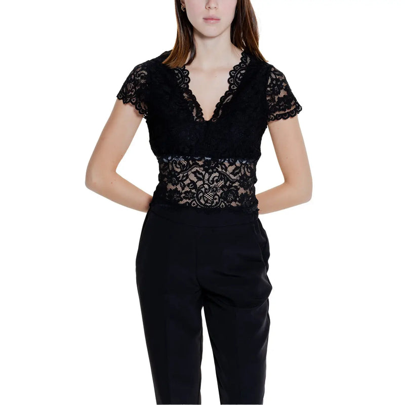 Morgan de toi black lace v neck short sleeve top with intricate floral patterns and elegant design details
