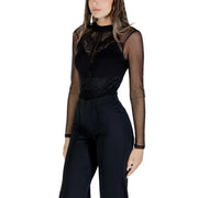 Women’s black long-sleeve bodysuit with sheer polka-dotted mesh and lace details