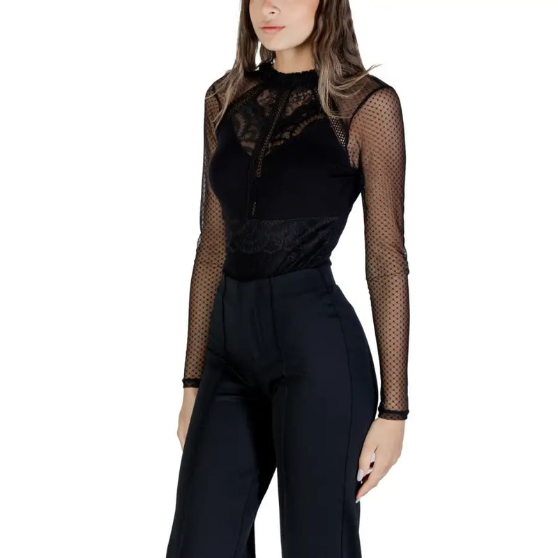 Women’s black long-sleeve bodysuit with sheer polka-dotted mesh and lace details