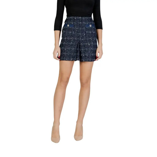 Morgan De Toi Mini-jupe en tweed de polyester à carreaux bleu marine avec ceinture