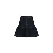 Morgan De Toi Jupe bleue en mélange de coton avec ourlet évasé à volants en denim foncé