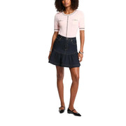 Dark blue cotton blend denim skirt by morgan de toi featuring ruffled hem and front pockets for spring summer wear