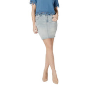 Morgan De Toi light blue cotton blend denim mini skirt with fitted silhouette and lace trim along the hem