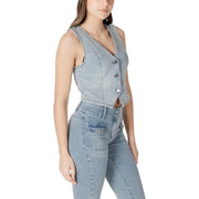 Light blue denim sleeveless vest with V-neck and three heart-shaped buttons for Morgan De Toi