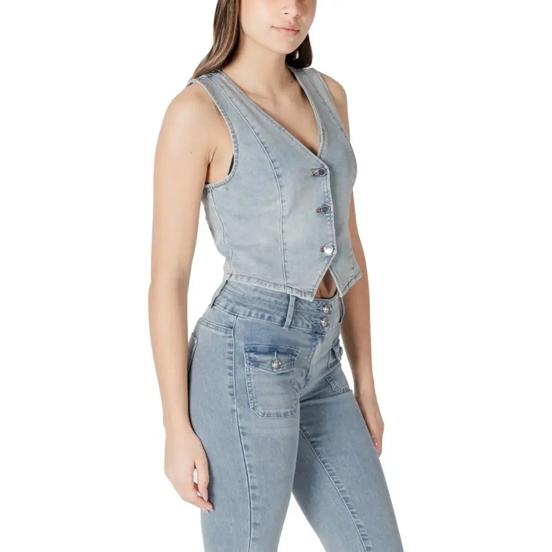 Light blue denim sleeveless vest with V-neck and three heart-shaped buttons for Morgan De Toi