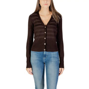 Women’s dark brown striped cardigan with silver buttons from Morgan De Toi White Low V Neck Long Cardigan