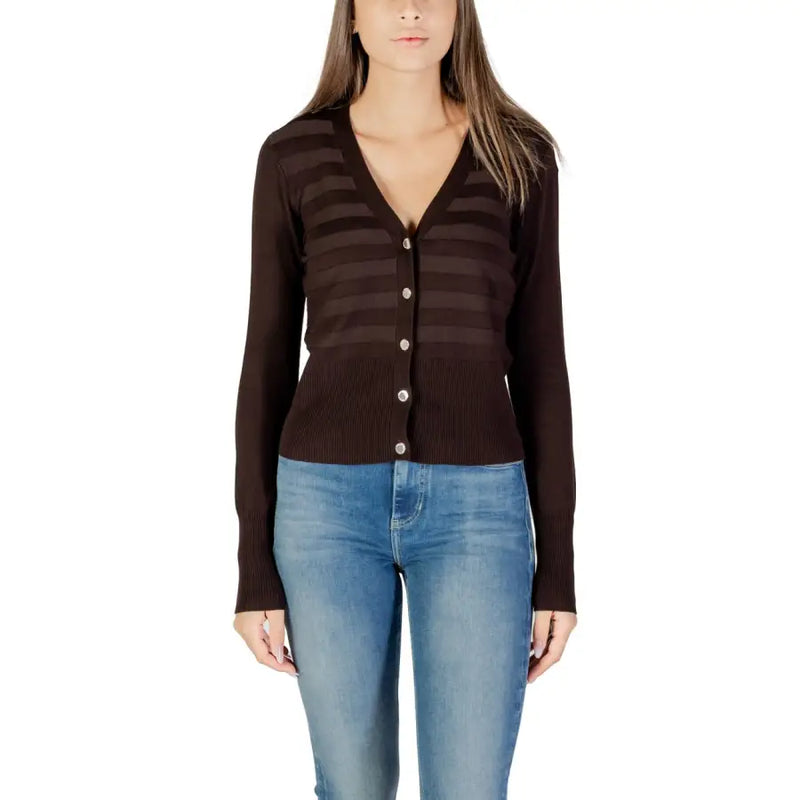 Women’s dark brown striped cardigan with silver buttons from Morgan De Toi White Low V Neck Long Cardigan