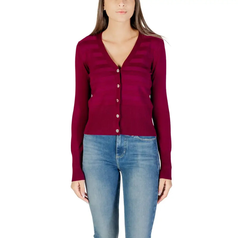 Women’s long-sleeved maroon button-up cardigan from Morgan De Toi with a low V-neck design