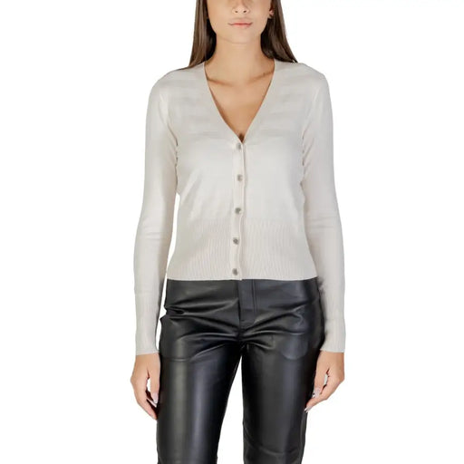 Women’s beige long-sleeve button-up cardigan from Morgan De Toi with low V-neck design