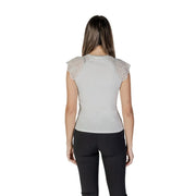 Morgan de toi white sleeveless v neck blouse in light gray with delicate white lace detailing on shoulders