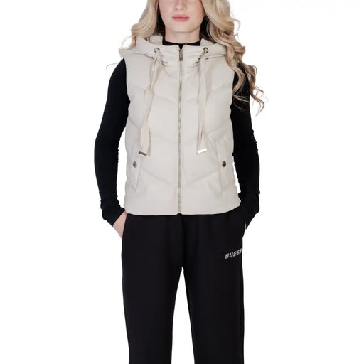 Women’s beige hooded puffer vest from Morgan De Toi White Sleeveless Zip Hooded Gilet
