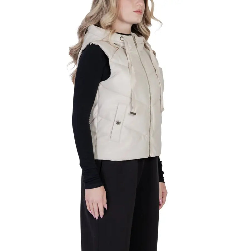 Morgan de toi beige sleeveless puffer vest with hood, front zipper closure, and side pockets for casual wear