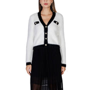 White and black fuzzy knit cardigan with pearl buttons from Morgan De Toi for fall winter fashion