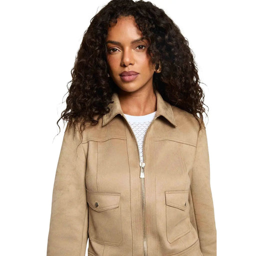 Morgan de toi Blazer beige en polyester pour femme, col rond, fermeture éclair sur le devant et deux poches.