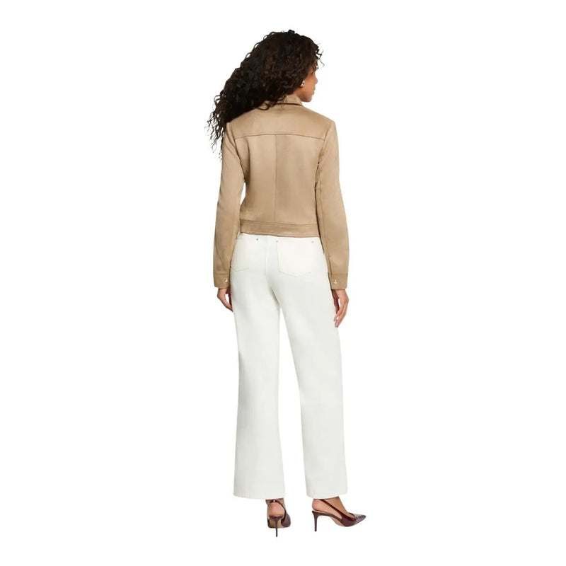 Beige leather moto jacket with cropped fit and subtle stitching details from Morgan De Toi women polyester blazer collection