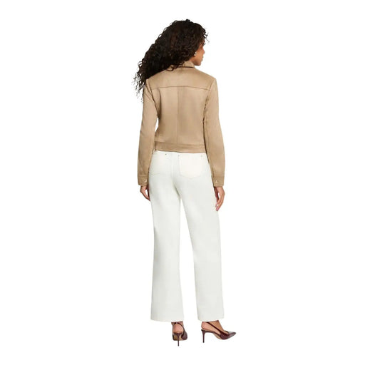 Veste de motard en cuir beige, coupe courte et détails de surpiqûres subtils de Morgan De Toi collection de blazers en polyester pour femmes