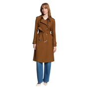 Morgan de toi women beige polyester blend blazer styled as a classic brown trench coat with belted waist and double-breasted front